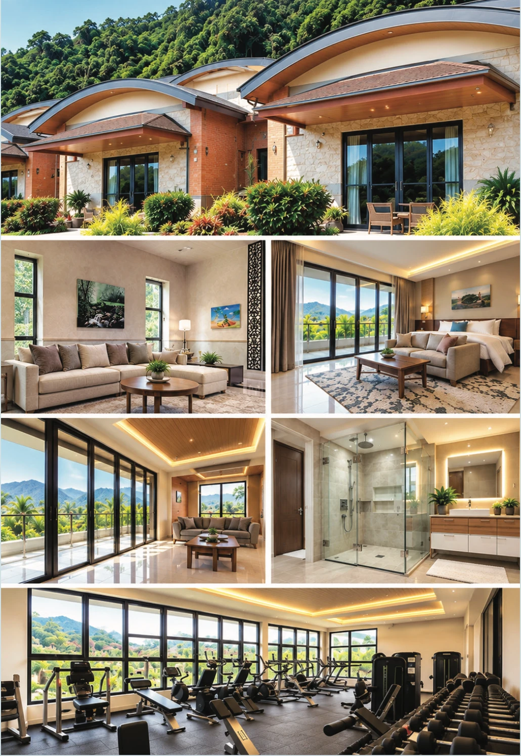 Virunga Inn Resort & Spa — curved-roof guest wings with sliding glass doors, a lounge and bedroom with full-height glazing, a glazed balcony walkway, a frameless shower enclosure and a window-lined gym